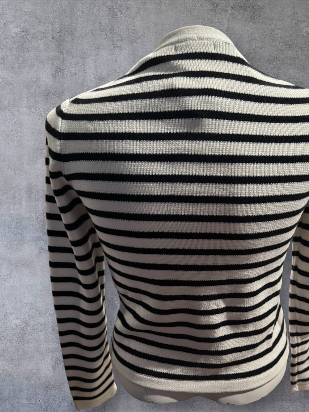 Quince Black and White Striped organic V-Neck Cardigan with Gold Buttons - Picture 9 of 10